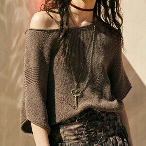 Fall 2025 Promesa Espresso Short Sleeve Pointelle Knit Off Shoulder Sweater